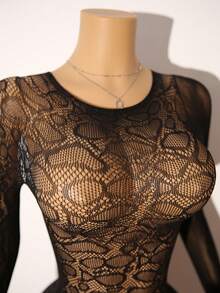 Bare Chapter 女士性感连体睡衣，黑色蛇纹图案，诱人网纱露背设计 - 黑色 - 查看 8