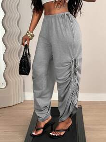 Mistrie Summer Grey High-Waisted Side Tie Wide Leg Pants, Loose Drawstring Casual Sports Trousers - Grey - View 1