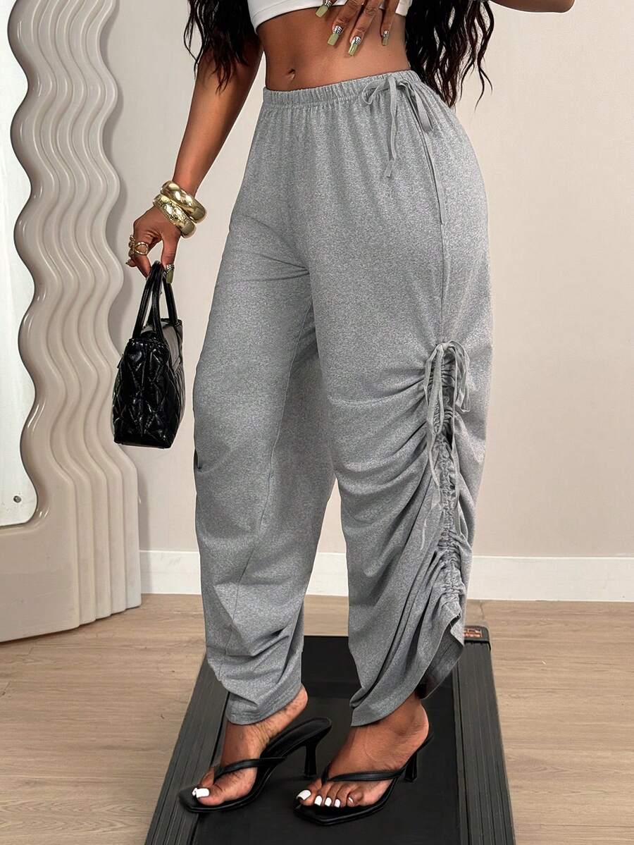Mistrie Summer Grey High-Waisted Side Tie Wide Leg Pants, Loose Drawstring Casual Sports Trousers - Grey - View 1