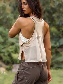 WanderVale 女士网眼拼接宽松运动背心 - 杏色 - 查看 4