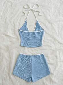 Soleia Women's Holiday Beach Vacation Backless Halter Top And Shorts 2 Pieces Set Blue And White Striped Summer - Blue - View 2