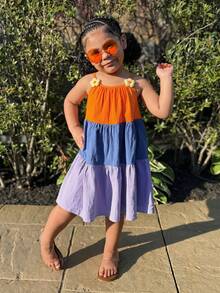 Young Girl Vacation Casual Street Chic Halter A-Line Color Block Dress, Suitable For Holiday, Beach, Seaside - Multicolor - View 3