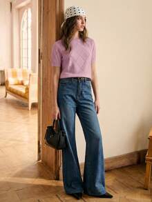 BizChic Top de punto de manga corta de unicolor versátil y casual - Morado - Ver 2