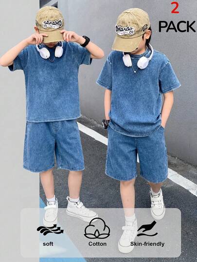 SHEIN Ropa de moda casual para adolescentes estilo Y2K vintage y cool: Top de punto vaquero azul holgado y shorts vaqueros holgados y cómodos para ropa de niños y adolescentes. Atuendos de primavera a verano para fiestas, festivales y uso diario de streetwear