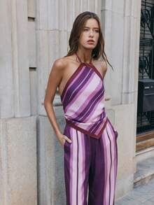 Nöista Women's 2pcs Halter Neckline Co-Ord Set, Diagonal Stripes Top Vertical Stripe Wide-Leg Pants, Pink, Summer, Casual, Vacation, Spring, Easter - Purple - View 3