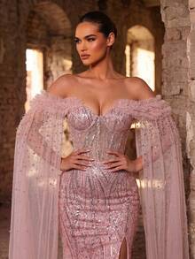 Glamrae Elegant Luxurious Pearl Sequin Mesh Splice Off-Shoulder 3D Rhinestone Handmade Beaded Sheer Extra Long Sleeve Mermaid Side High Slit Tie Formal Dress - Pink - View 1