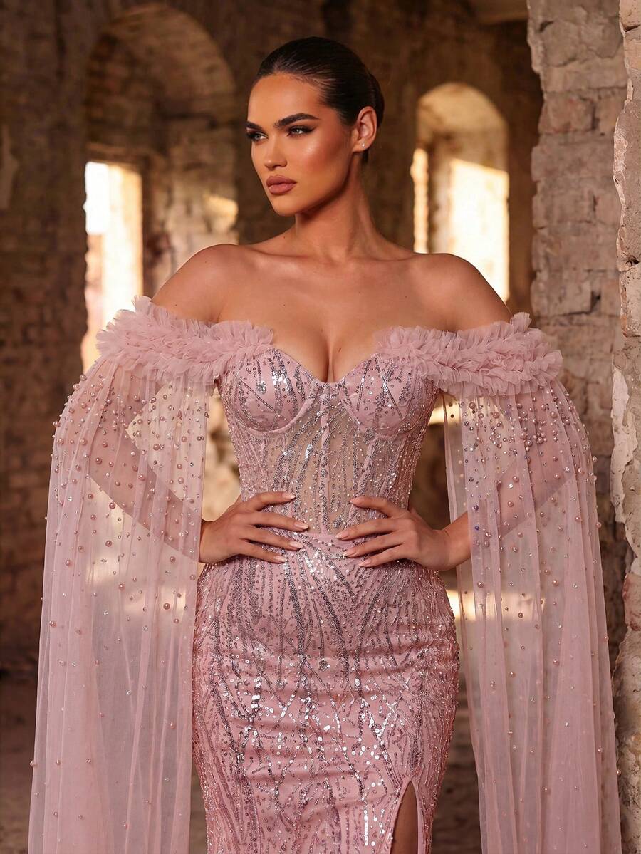 Glamrae Elegant Luxurious Pearl Sequin Mesh Splice Off-Shoulder 3D Rhinestone Handmade Beaded Sheer Extra Long Sleeve Mermaid Side High Slit Tie Formal Dress - Pink - View 1