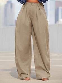 Vixey High Waist Pleated Barrel Leg Office Pants, Office Wear, Workwear, Desk To Dinner - Camel - View 1