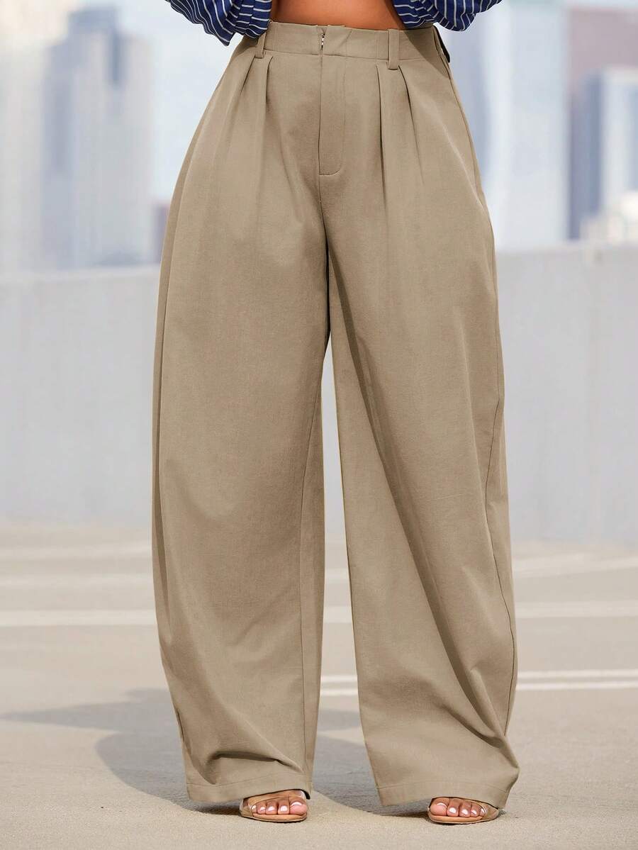 Vixey High Waist Pleated Barrel Leg Office Pants, Office Wear, Workwear, Desk To Dinner - Camel - View 1