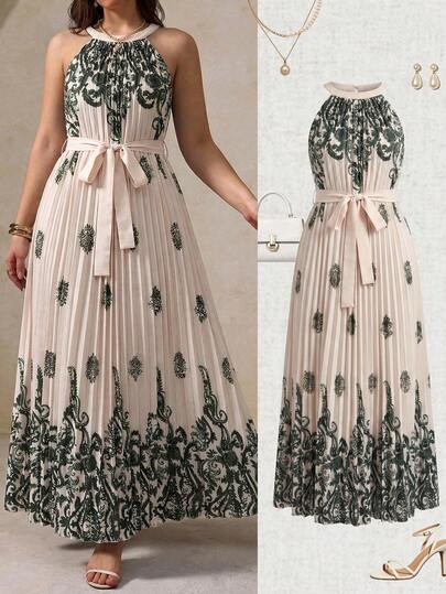 Elegantrix Plus Size Women's Spring/Summer Vacation Casual Elegant Daily Wear Wedding Guest Party French Style Pleated Halter Tie A-Line Maxi Dress Dark Green