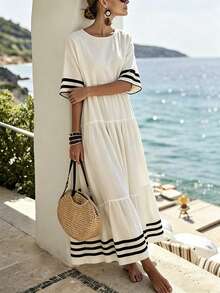 SHEIN Holidaya Đầm nữ cổ tròn tay ngắn màu mơ kẻ sọc, chất liệu vải dệt nhăn, thích hợp cho kỳ nghỉ: Đầm đi nghỉ mát, đầm màu mơ, đầm kẻ sọc, đầm thường ngày, đầm đi nghỉ lễ. Đầm đi biển, đầm hè, đầm thanh lịch, đầm dài mùa hè, đầm đi biển. - Màu be - Xem 5