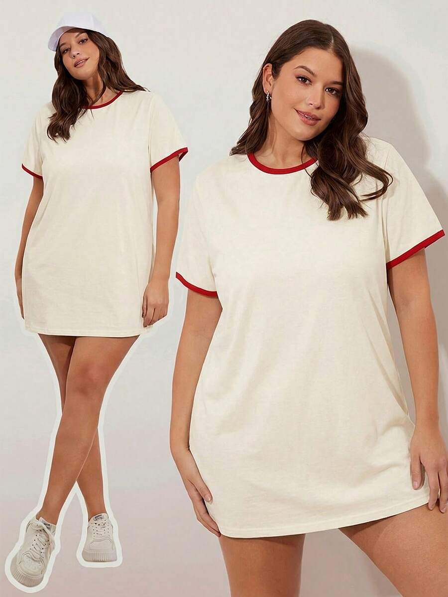 SHEIN BASICS Đầm thun tay ngắn cổ tròn dáng suông dành cho nữ cỡ lớn - Đỏ - Xem 1