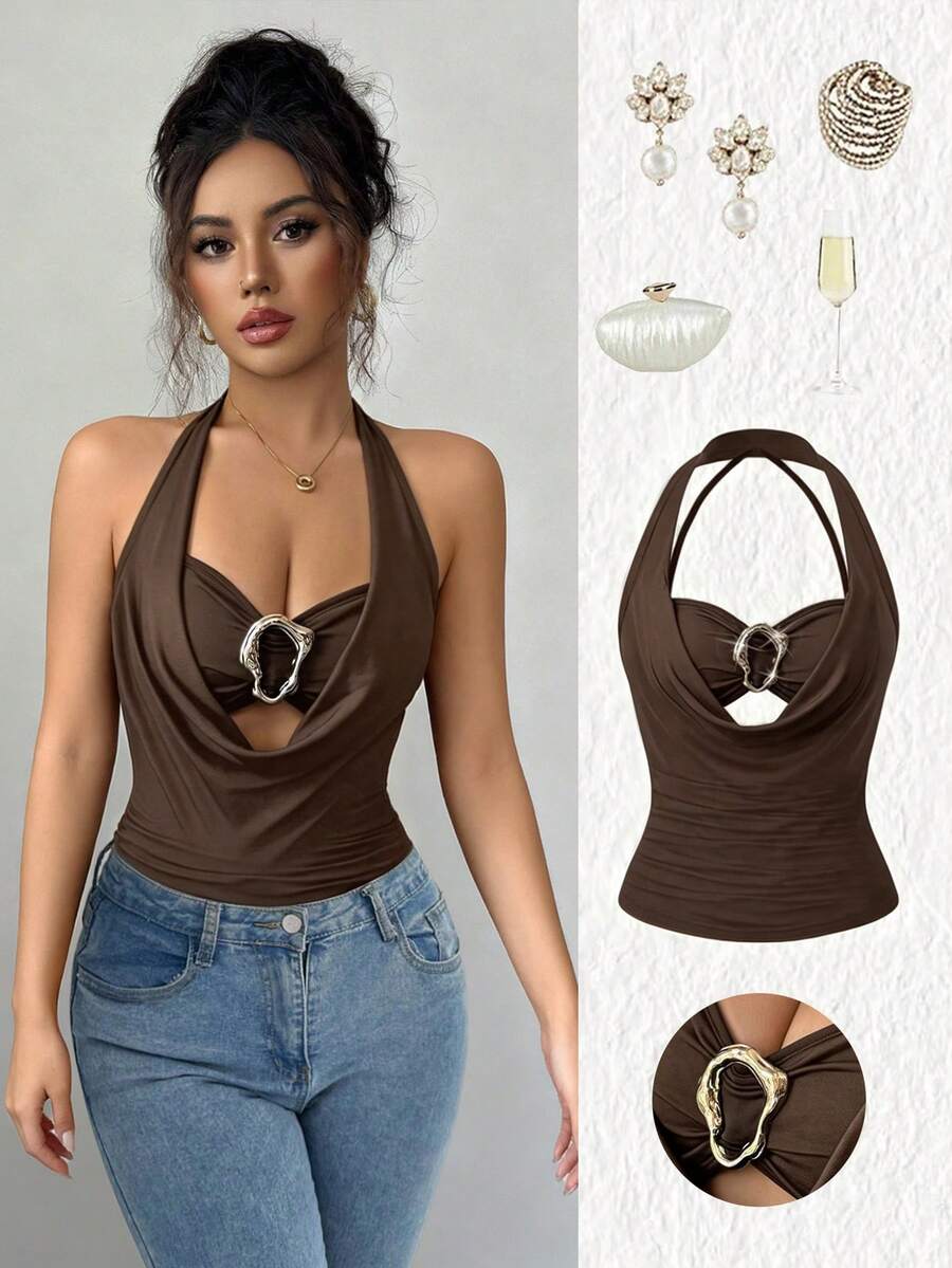 SHEIN Elenzya Women's Elegant Black Draped Neck Sleeveless Fitted Tank Top With Metal Decor, Ruched Design, Suitable For Spring And Summer Zipper Top Body Tops For Ladies - Coffee Brown - View 1