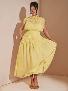 SHEIN BAE Stand Collar Tie-Up Waist Off-Shoulder Dress, Versatile - Yellow - View 1