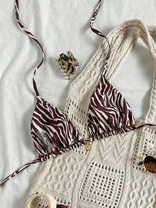 Swim Mod Áo bikini hai dây cổ yếm in họa tiết vỏ sò vàng ngẫu nhiên, kiểu áo bơi gợi cảm cho kỳ nghỉ hè. - Nhiều màu - Xem 2