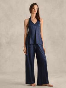 Women's British Style Blue Striped Halter A-Line Top And Straight Loose Pants Pajama Set - Navy Blue - View 5
