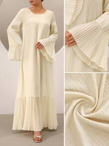 Graceveil 米色休闲纹理褶皱鱼尾宽松优雅连衣裙，适合女性 - 杏色 - 查看 5