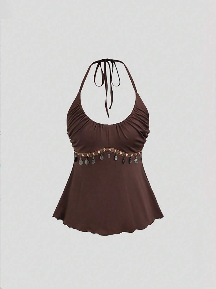 SHEIN Sweetro 女士万圣节、感恩节、海滩、新年、派对、通勤、日常、旅行、度假皆宜。棕色复古流苏装饰A字吊带露背上衣 - 棕色 - 查看 1
