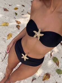 Sunnyshic 2026 Spring/Summer Women's Black Strapless Gold 3D Starfish Decor Detachable Halter Strap Elegant Bikini Two Pieces Swimsuit - Black - View 1
