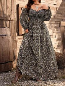 SHEIN PETITE CURVE 春夏新款短款女士复古V领泡泡袖抽绳前开襟碎花浪漫优雅波西米亚风度假连衣裙 - 彩色 - 查看 6