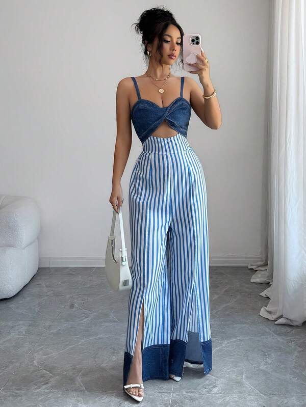 SHEIN Elenzya Bộ jumpsuit nữ thanh lịch, thoải mái, kẻ sọc xanh trắng phối họa tiết, không tay, kiểu xoắn phía trước, phù hợp cho các bữa tiệc, hẹn hò, công sở, ngày lễ Thánh Patrick, mùa cưới, ngày của Mẹ, mặc hàng ngày. Jumpsuit kẻ sọc phối họa tiết, phù hợp mặc hàng ngày, mọi mùa.
