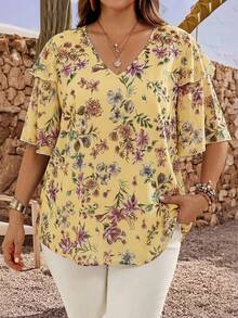 EMERY ROSE Plus Size Elegant Floral Print V-Neck Ruffle Trim Blouse, Summer - Light Yellow - View 1
