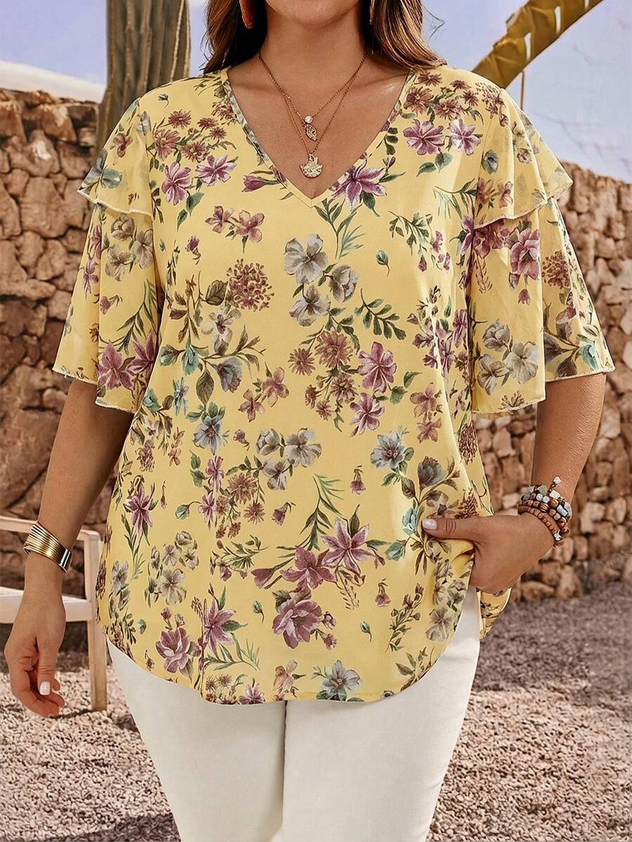 EMERY ROSE Plus Size Elegant Floral Print V-Neck Ruffle Trim Blouse, Summer - Light Yellow - View 1