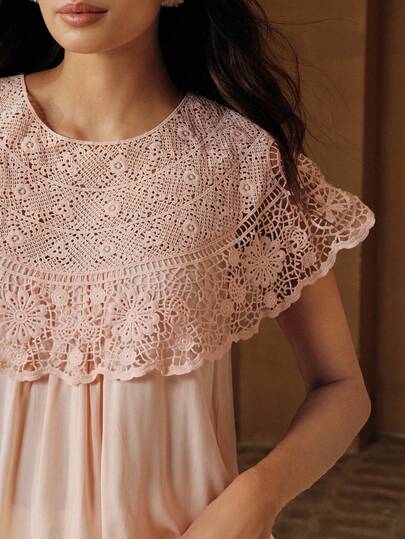 Anewsta French Romantic Style Pink Hollow Lace Collar Shawl Blouse, Spring/Summer