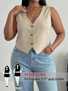 SHEIN PETITE CURVE 加大码夏季休闲纯色前扣背心 - 杏色 - 查看 2