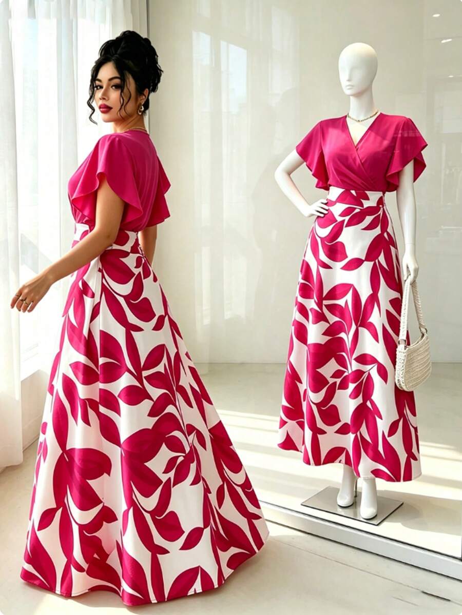 Elenzga 女士优雅酒红色叶子图案褶皱短袖修身连衣裙，春夏款 - 玫紅色 - 查看 1