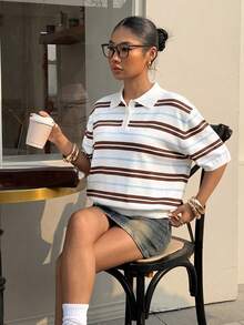 Muchica 女士休闲通勤撞色条纹印花 Polo 领针织衫上衣，夏季 - 彩色 - 查看 4