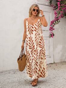 Linhara CURVE Vestido de verano sin mangas, holgado y casual con estampado de hojas de bambú para vacaciones - Albaricoque - Ver 3