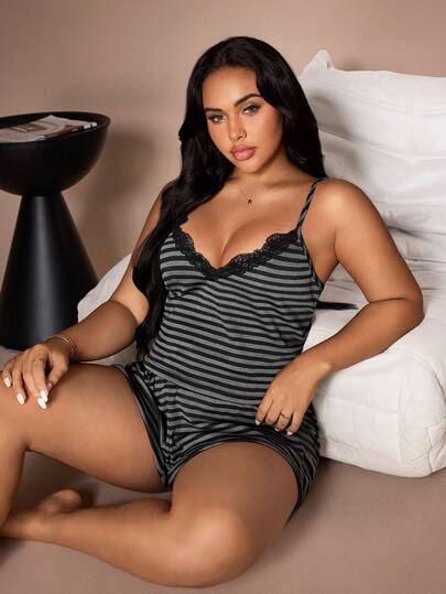 Lazeform Plus Size Women Knit Striped Floral Print Patchwork Lace Trim Casual Sexy Fashionable Camisole And Shorts Pajama Set Plus Size Lounge Set Lace Trim Lounge Set Cami And Shorts Lounge Set Striped Lounge Set Spaghetti Strap Lounge Set
