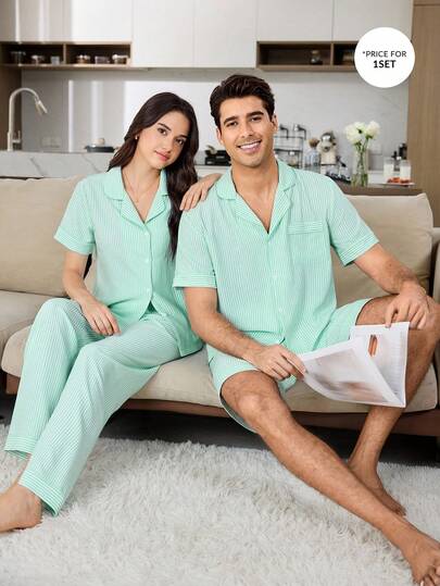 CoupledUp Conjunto de pijama para hombres con camisa de polo de manga corta y pantalones cortos a rayas en color verde menta