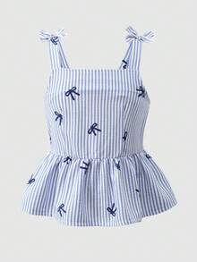 Tween Girls Back To School Summer Striped Ruffle Tank Collar - Blue - View 4