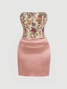 SHEIN MOD Vestido ajustado con escote bandeau en color champán profundo con patchwork de jacquard, vestido de resort para primavera/verano, atuendo para fiesta de vacaciones en talla grande - Rosa - Ver 5