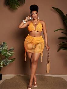 Maweii Bộ đồ nữ gồm áo croptop hở lưng cổ yếm gợi cảm, thời trang và chân váy ngắn cạp chun thắt nơ, thích hợp cho đi biển, nghỉ dưỡng, mùa hè. - Vàng - Xem 5