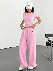 SHEIN EZwear 2 st/set rosa matchande loungekläder för kvinnor - Rosa - Visa 5