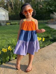 Young Girl Vacation Casual Street Chic Halter A-Line Color Block Dress, Suitable For Holiday, Beach, Seaside - Multicolor - View 4