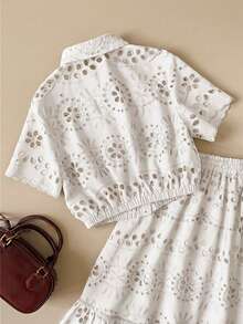 Muvela Women's Elegant Summer White Floral Hollow Embroidered Shirt,Short Sleeve Button Front Elastic Waist Top,Holiday Vacation Vintage Academic Style - White - View 5