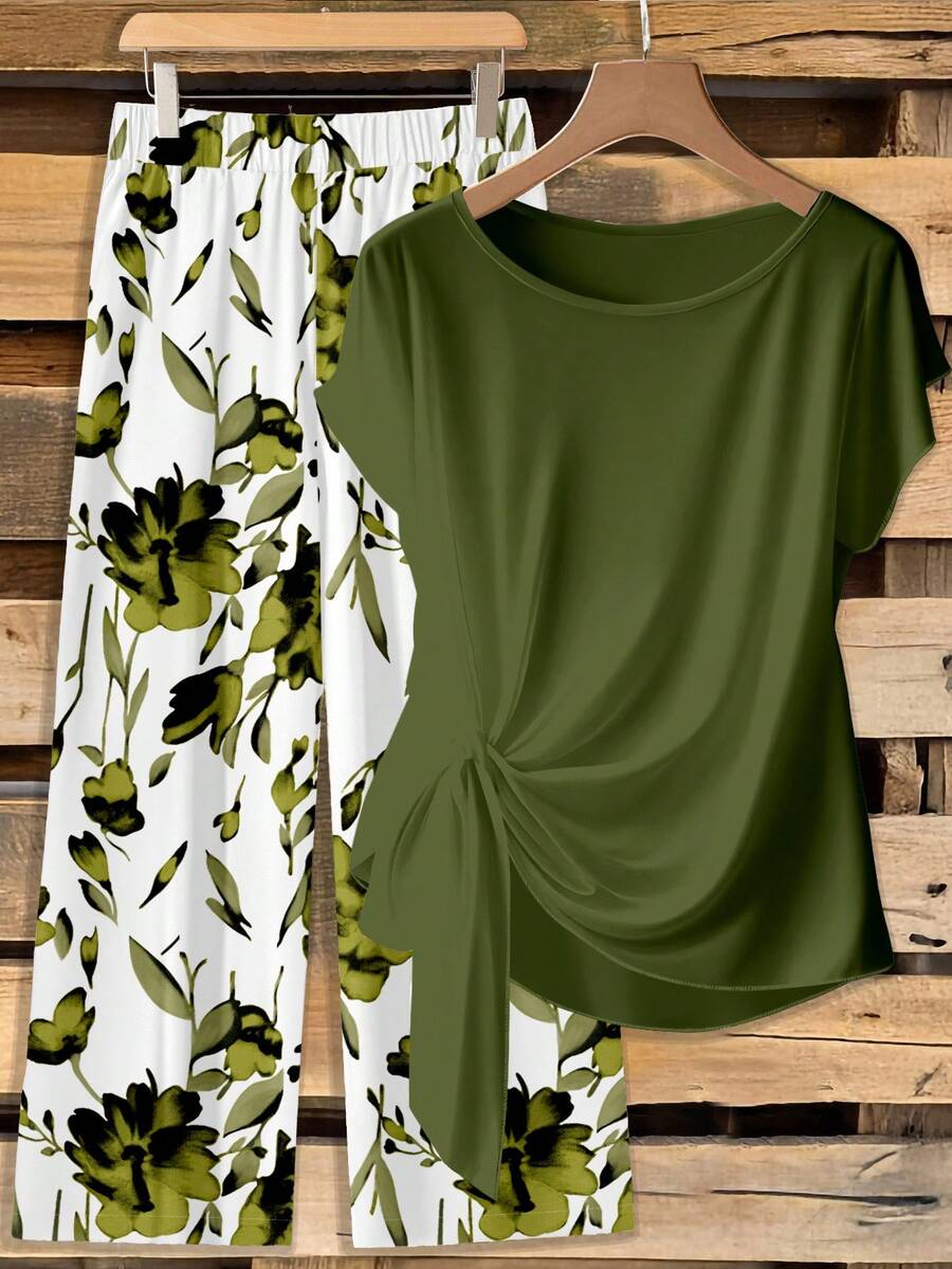 Women's Green & Light Green Tie Bow Blouse And Straight Leg Pants 2 Pieces Set, Casual Commuter Vacation Outfit - Multicolor - View 1