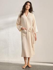 Ocili 100% Cotton Soft & Comfortable Crepe Robe With Tie, Leisure Wear - Apricot - View 2