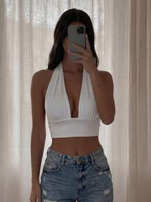 Bonvoyette Backless Crop Halter Top - White - View 5
