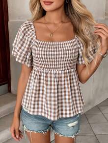Pariaura Áo kiểu nữ casual kẻ caro tay bèo nhún cổ vuông dáng peplum - Áo babydoll tay phồng eo chun dễ thương mùa hè - Nhiều màu - Xem 5