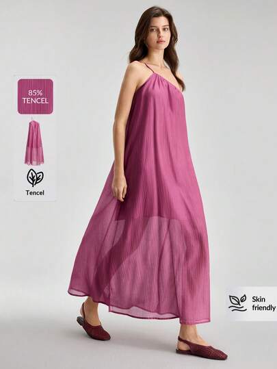 Ontre Vestido de falda plisada con diseño de tirantes asimétricos, bolsillos y material de liocel cómodo en color fucsia para mujer. Estilo urbano moderno, casual, de oficina y de negocios, de alta calidad para usar en el aeropuerto, de vacaciones en la playa y con estilo bohemio para influencers. Vestido largo de la misma talla.