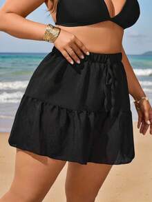 Swim Vcay Plus Size Cover-Up Tunic & Shorts Set With Tie, Loose Beach Dress For Coverage, Resort Vibe For Summer Beach Vacation - Black - View 3