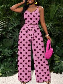SHEIN Slayr Bộ đồ 2 món phong cách cổ điển tối giản, màu hồng chủ đạo, họa tiết chấm bi nâu, thích hợp cho kỳ nghỉ xuân/hè và các bữa tiệc. - Nhiều màu - Xem 6
