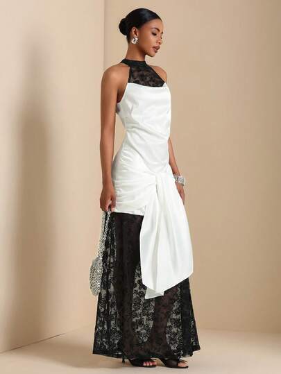 Vesra 女士优雅撞色蕾丝拼接系领荷叶边连衣裙