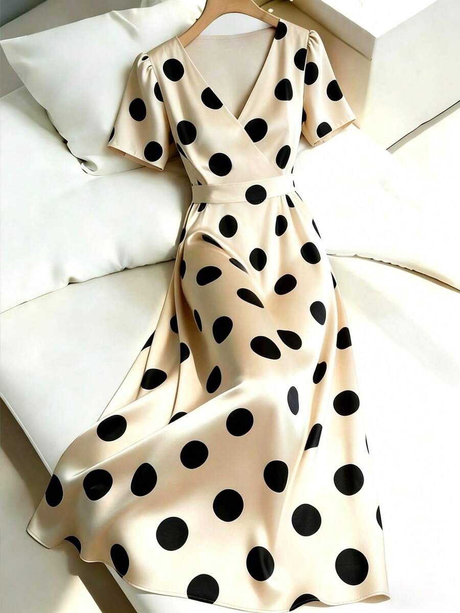 SHEIN Franclia 女士交叉V领荷叶边A字优雅波点连衣裙 - 杏色 - 查看 1