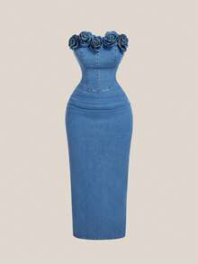 Selenza 女士花卉装饰修身牛仔抹胸连衣裙，带系带 - 藍色 - 查看 1